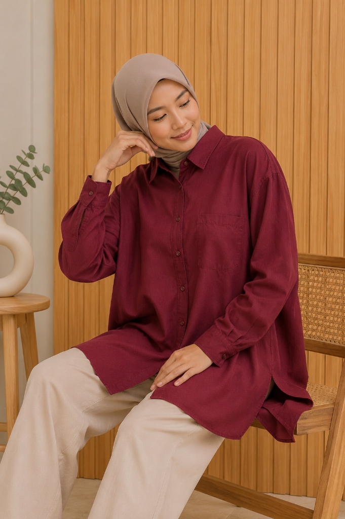 Model ANVA Collection - Oversized Linen Rami Velvet Maroon